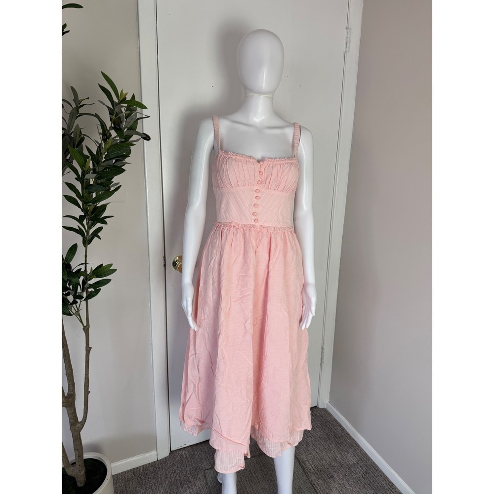 Commense‎ Pink Sundress Cottagecore Ruffle Hem Button Front Summer Dress S - Picture 3 of 7